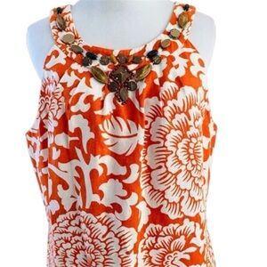 Jessica Howard Beaded Floral Orange Linen Blend Dress Grecian Halter Sz 14